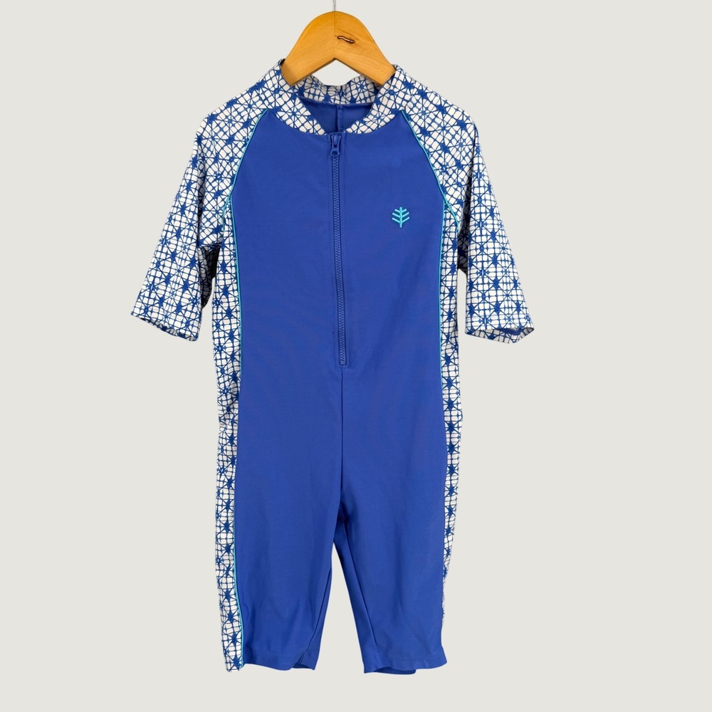 Coolibar Kids Barracuda Neck-to-Knee Surf Suit Youth XS UPF 50+ Blue‎ Geometric